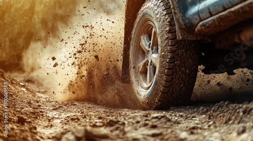 Extreme off-road driving scene: A vehicle tire kicking up dirt and dust during adventure