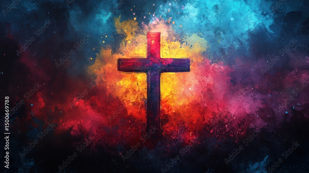 Fototapeta premium Vibrant Abstract Watercolor Cross - Modern Christian Artistic Symbol
