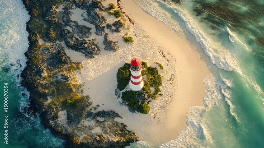 Aerial view of a small island with a lighthouse. Tranquil beach, rocky coast, turquoise water, sunrise