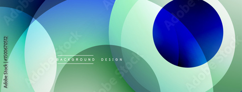 Abstract background features overlapping circles. Gradient colors blend blues, greens, whites creating modern design. Smooth transitions present dynamic visual effect.