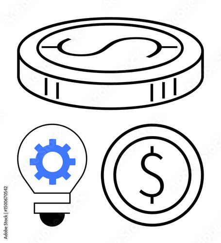 Stackable coin, circular gear in lightbulb, and money symbol illustrate financial strategy, growth, startup ideas, investment, profit planning. Ideal for finance, innovation business saving