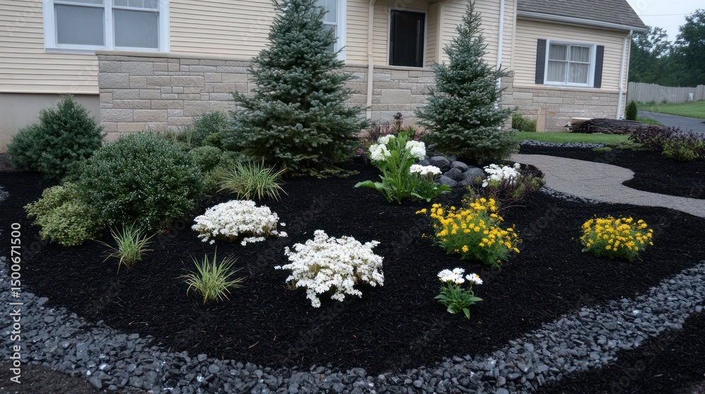 Landscaped yard with various plants and mulch