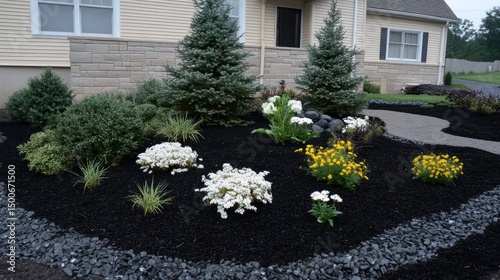 Landscaped yard with various plants and mulch