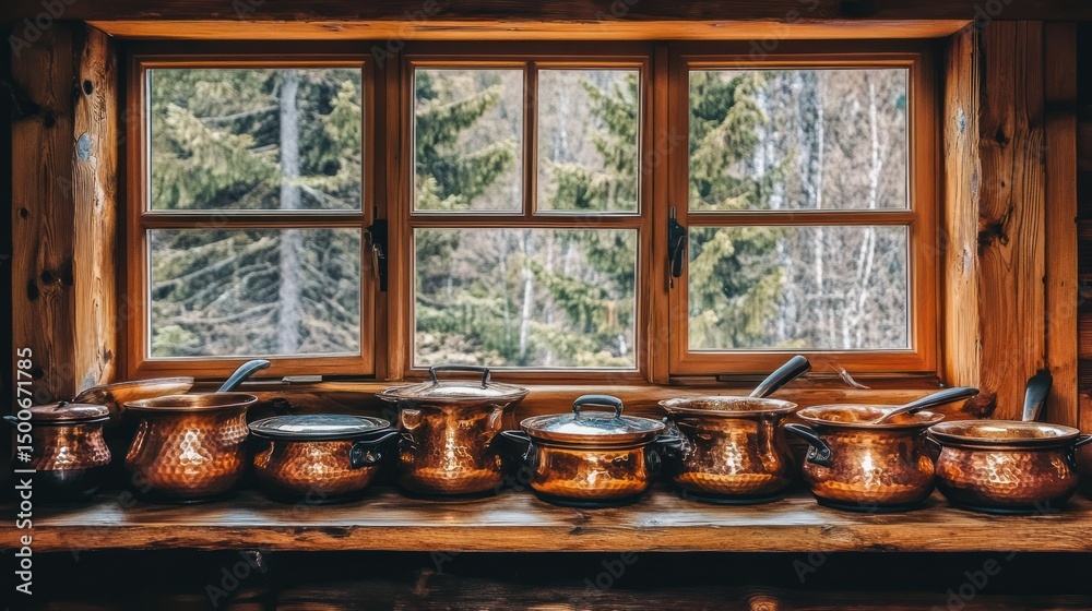 Rustic copper cookware displayed on a windowsill, overlooking a forest