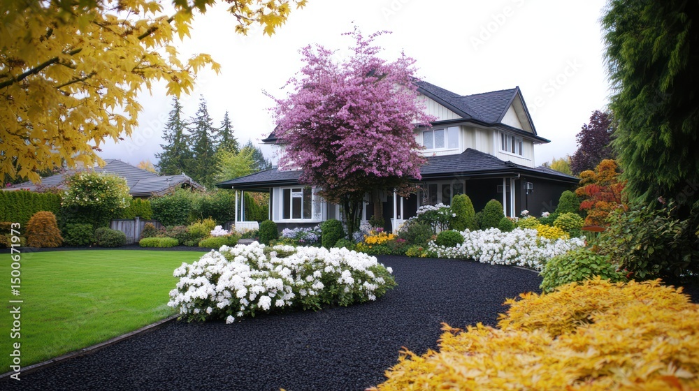 A picturesque suburban home nestled amongst vibrant autumn foliage. A well-maintained lawn and flowerbeds surround the house