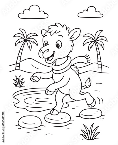 Coloring book camel wearing a scarf steps across stones over water in a desert oasis