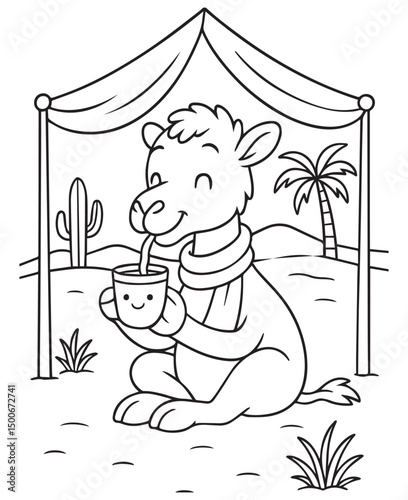 Coloring book camel sips a warm drink from a cute mug inside a tent in the desert.