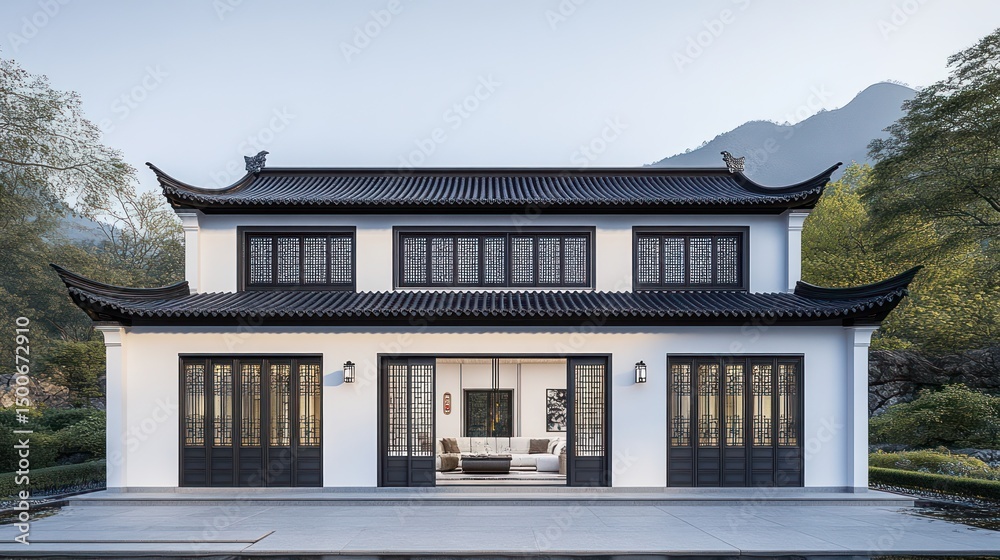 Tranquil Asian-style house with open patio, serene mountain backdrop