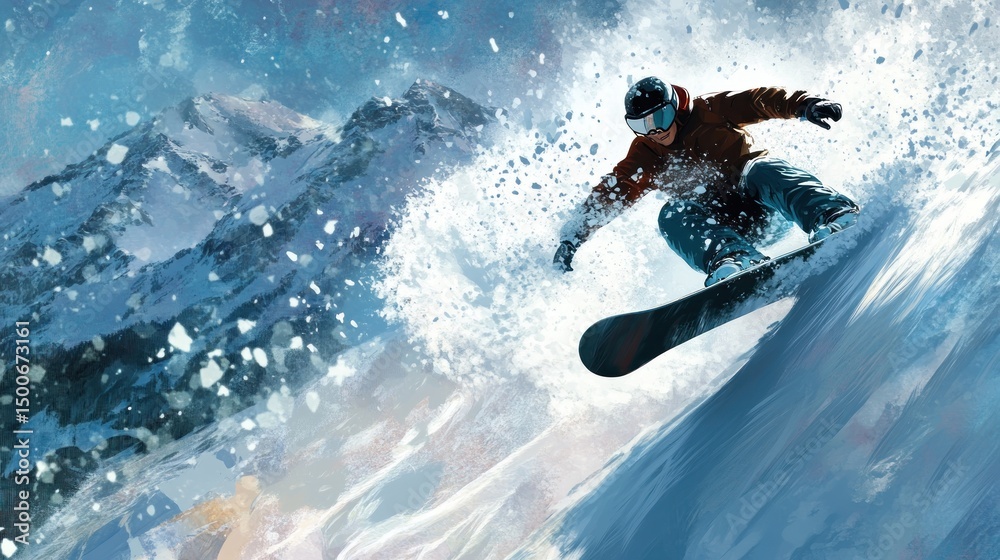 Naklejka premium Dynamic snowboarder carving through fresh powder with mountain backdrop scenery