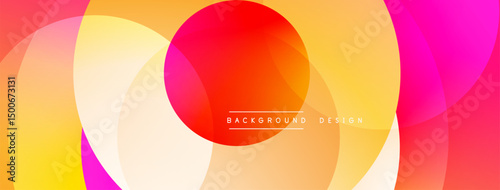 Abstract vibrant circles overlap, creating warm color gradients. Design features yellow, orange, pink, red hues. Modern aesthetic.