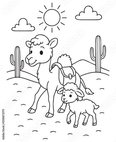Coloring book camel with a saddle and a sweet lamb walking together in the desert.