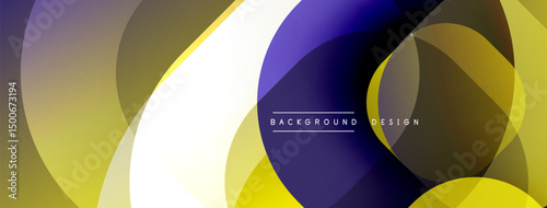 Abstract geometric composition. Overlapping circles create dynamic visual flow. Gold, purple, white hues dominate design. Modern aesthetic.