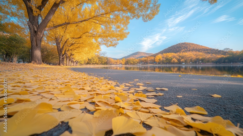 Autumnal park path lined with golden ginkgo leaves