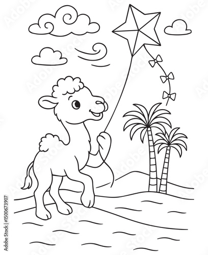 Coloring book Happy camel flies a star-shaped kite in a windy desert landscape with palm trees