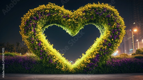 Heart-shaped floral arch at night. Lush greenery and colorful flowers form a heart shape, illuminated by light, against a dark backdrop of a city