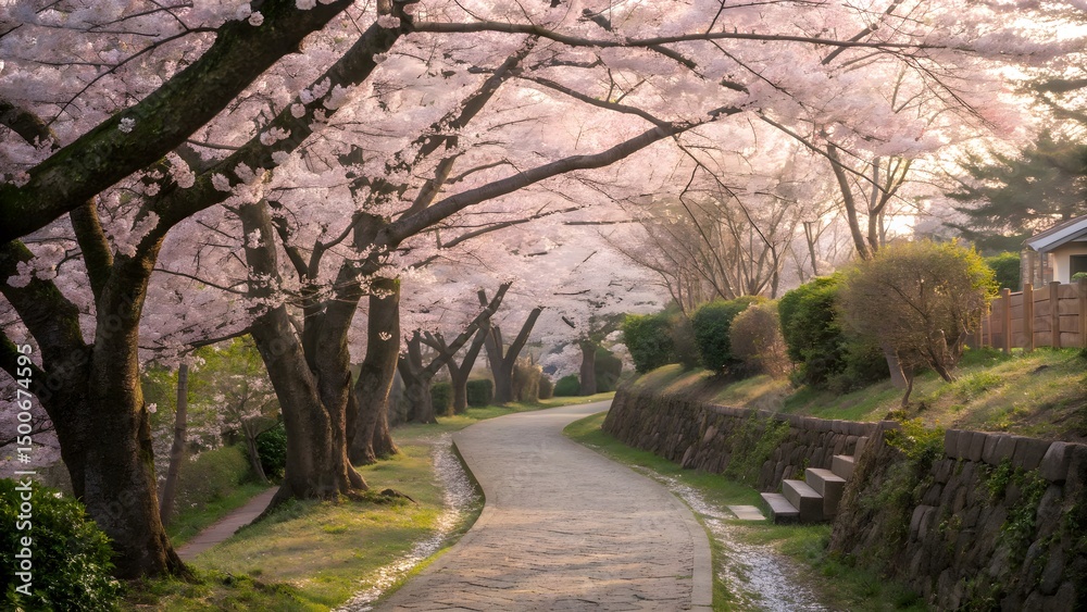 Fototapeta premium A serene garden path adorned with vibrant cherry blossom trees in full bloom, offering a peaceful and picturesque springtime setting.