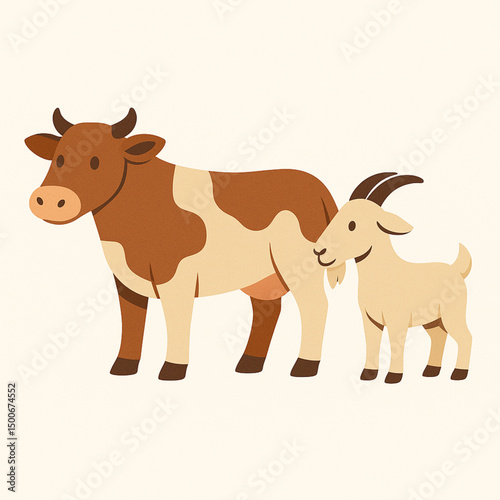 A minimallist vector illustration of a cow and a goat standing together, symbolizing Eid al-Adha sacrifice.