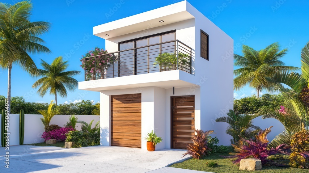 Modern, two-story home with a garage, situated in tropical setting