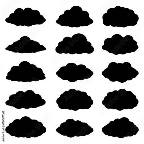 Set of clouds black silhouette different style on isolated with white background