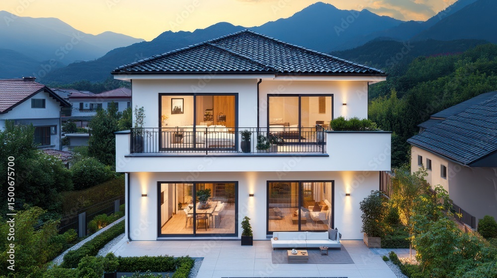 Modern two-story home nestled in a mountain landscape. Exterior view of house at dusk