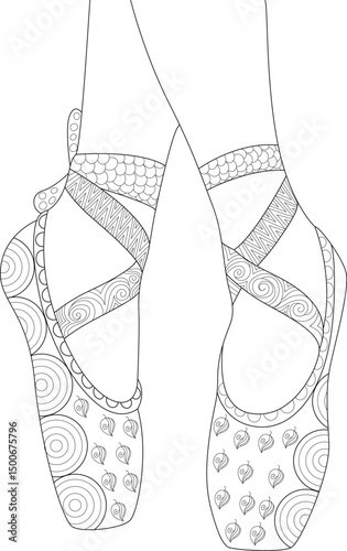 Elegant Ballerina Pointe Shoes Detailed Line Art, Detailed black and white line art drawing of a ballerina's feet standing en pointe in intricately patterned pointe shoes. Ideal for coloring books, 