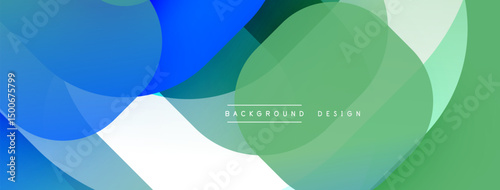Abstract fluid shapes overlap, creating vibrant color gradients. Modern design features translucent layers, blue, green hues.