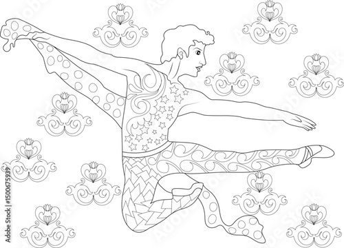 Dynamic Male Ballet Dancer Line Art, Line drawing illustration of a male ballet dancer in a dynamic leap pose, featuring decorative elements and patterns. Suitable for coloring pages or artistic 