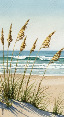 Beach Scene Illustration of Golden Grass and Waves Under Blue Sky