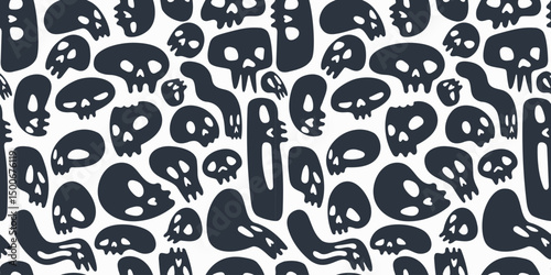 Vector seamless skull pattern with navy blue skulls on white background. Hand-drawn spooky style, great for Halloween decor and fabric design
