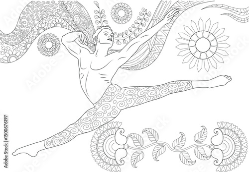 Male Dancer Performing Leap in Intricate Patterns Coloring Page, Detailed black and white line art illustration of a male dancer executing a dynamic leap, surrounded by elaborate decorative patterns 