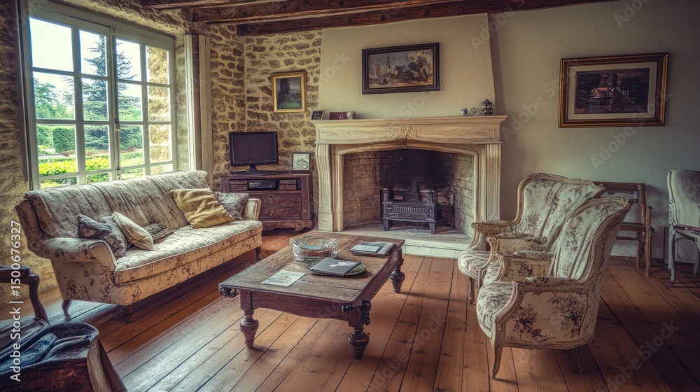 Cozy living room with stone walls, wood floors, and large windows overlooking a garden