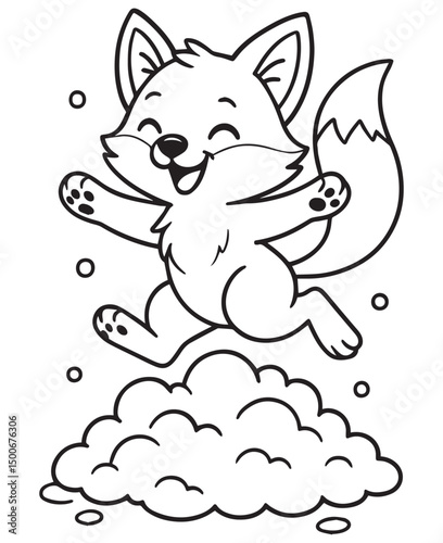 Coloring book fox leaps with glee into a fluffy snow pile, perfect for a cheerful winter-themed