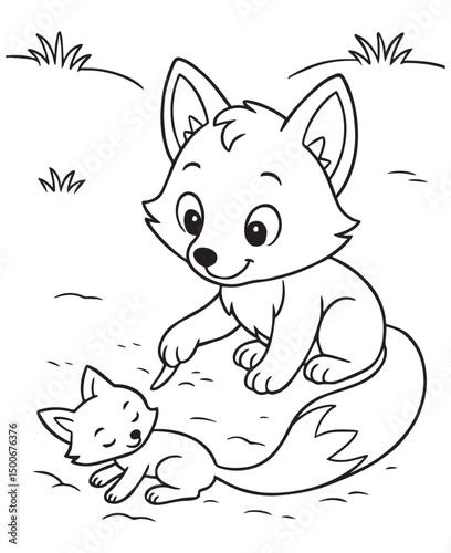 Coloring book mother fox nudges her sleepy kit, creating a heartwarming scene 