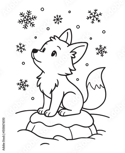 Coloring book fox gazes up at falling snowflakes, creating a charming winter wonderland scene 