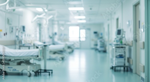 Blurred Hospital Corridor Interior with Medical Equipment and White Walls