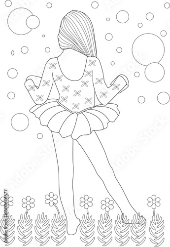 Ballerina Line Drawing for Coloring, Black and white line art illustration of a young ballerina seen from the back, wearing a tutu and patterned leotard, with flowers and abstract circles in the 
