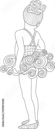 Ballerina Line Art for Coloring Book, Black and white line drawing of a young ballerina viewed from the back. She is wearing a patterned leotard and a full tutu with decorative swirl patterns. Her 