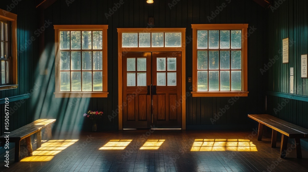 Sunlight streams into a rustic interior