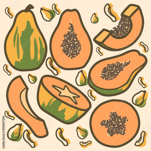 Cute hand drawn papaya vector doodle set 