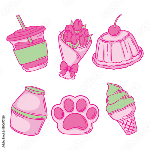 illustration art cute pink doodle milk, flower, ice cream, pudding and cat paw sticker design