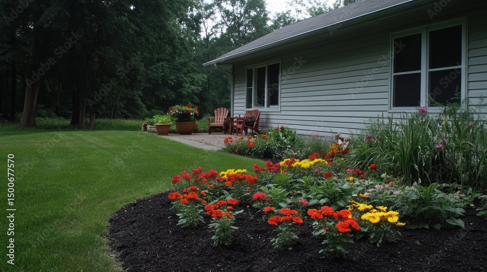 Backyard patio with colorful flowerbeds