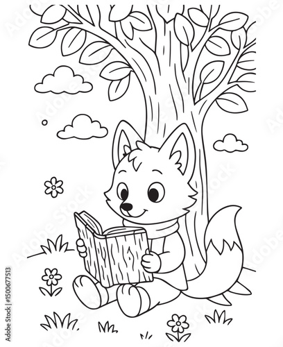Coloring book  fox engrossed in a book under a tree