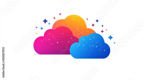 Colorful clouds, with gradients, starbursts, and white dots on a stark white backdrop