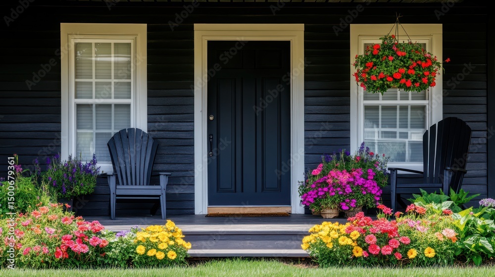 Charming front porch with vibrant flowerbeds