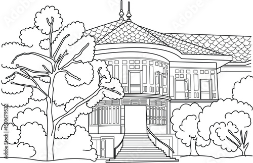 Vimanmek Mansion Bangkok Line Art Illustration, Line art illustration of the iconic Vimanmek Mansion, the former royal palace and world's largest golden teak wood mansion, surrounded by trees in 