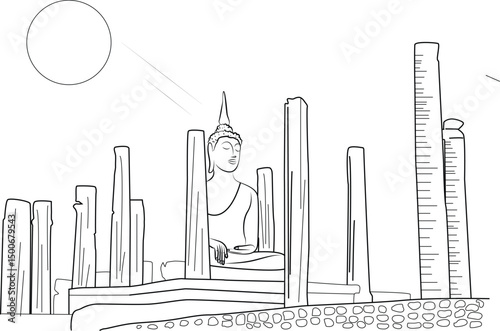 Sukhothai Historical Park Buddha Statue Line Art, Simple black and white line art illustration depicting a seated Buddha statue among the ancient temple ruins in Sukhothai Historical Park, Thailand. 