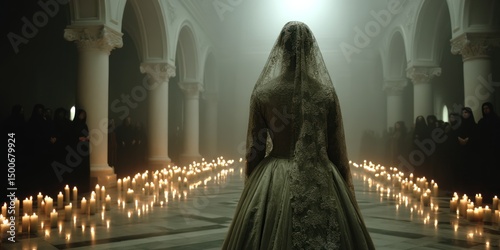 woman in vintage gown and lace veil walking towards candles in old hallway, dark mysterious mood