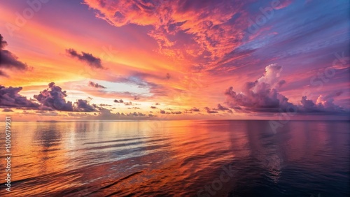 Fiery Sunset Ocean Reflection Pink, Orange Cloudscape, Seascape Photography, sunset, ocean