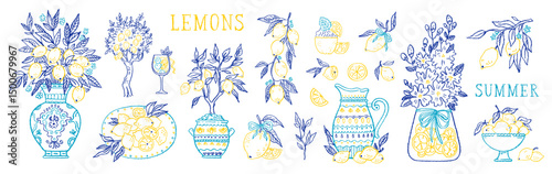 Lemon line vector. Italian hand drawn summer lemon fruit. Line doodle citrus. Sketch tree branch, mediterranean vase, lemonade limoncello. Amalfi Italy coast. Vintage illustration icon set. Italian bg