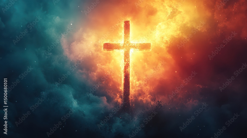 Fototapeta premium Radiant Cross: Luminous Watercolor Washes and Ethereal Light Beams in Christian Theme
